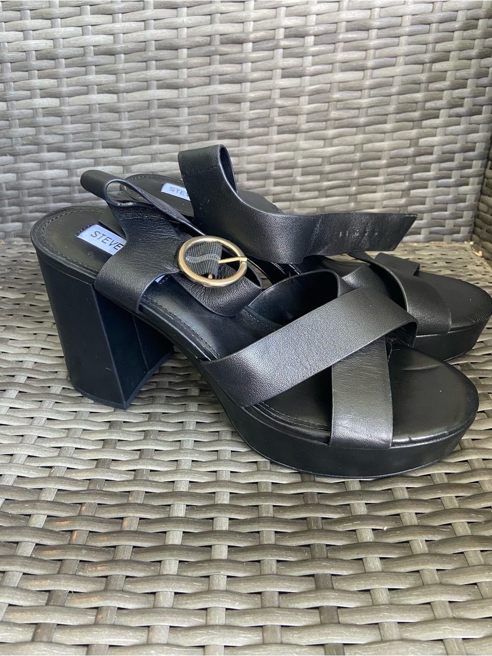 Steve Madden Black Chunky Platform Sandals with Gold Buckle